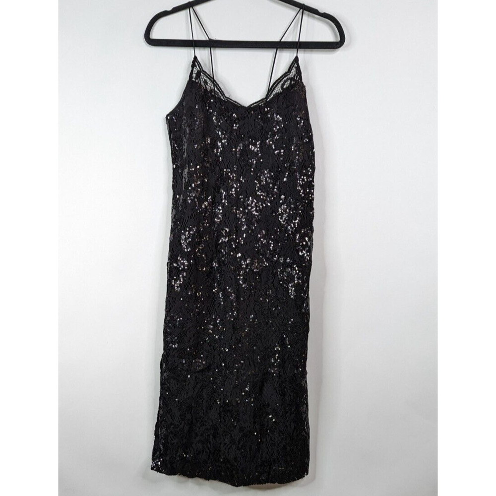 H&M Womens 6 M Lace Sequin Black Cocktail Mid Thigh Back Slit Dress